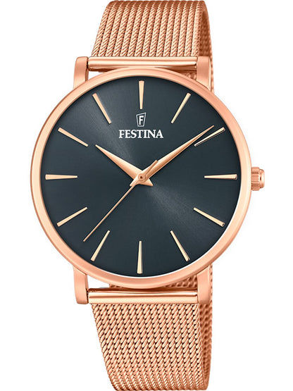 Festina Boyfriend F20477/2 Damenuhr Schwarz • Milanaise-Armband in Roségold • Mineralglas