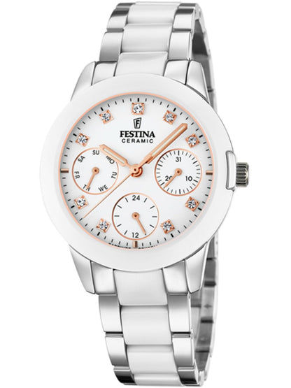 Festina Ceramic F20497/1 Damenuhr Weiß • Saphirglas • Multifunktion mit Swarovski-Kristallen