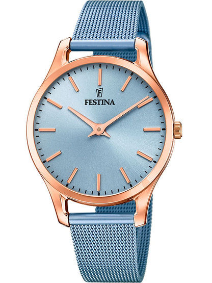 Festina Boyfriend F20507/2 Damenuhr Blau • Blaues Milanaise-Armband • Roségold-Akzente