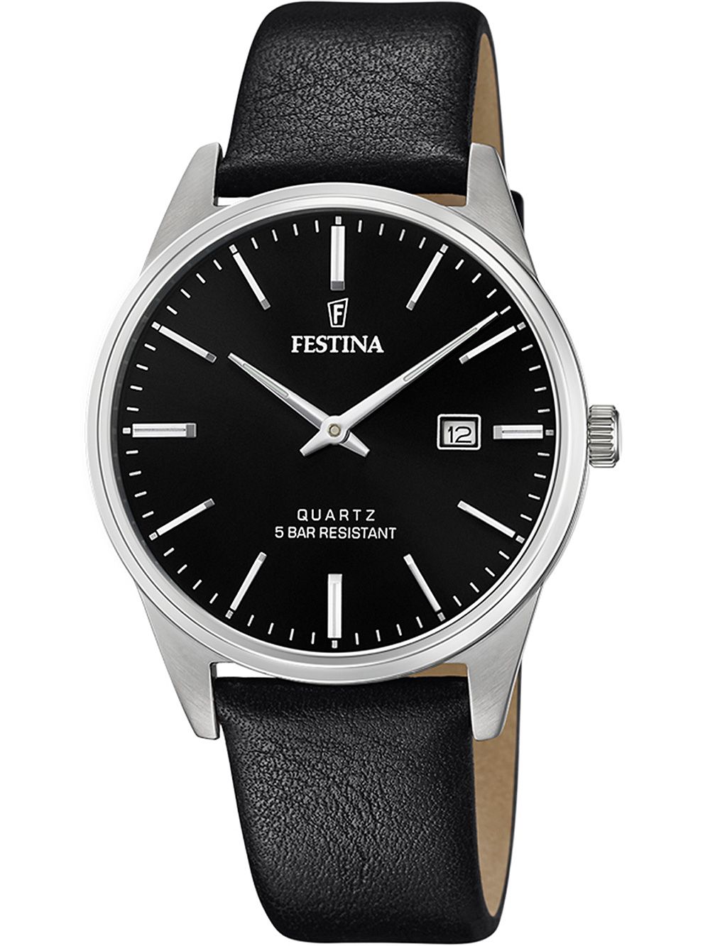 Zegarek męski Festina z czarnym skórzanym paskiem, czarną tarczą, kwarcowy