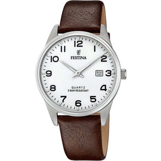 Festina Herrenarmbanduhr: weißes Zifferblatt, braunes Lederarmband