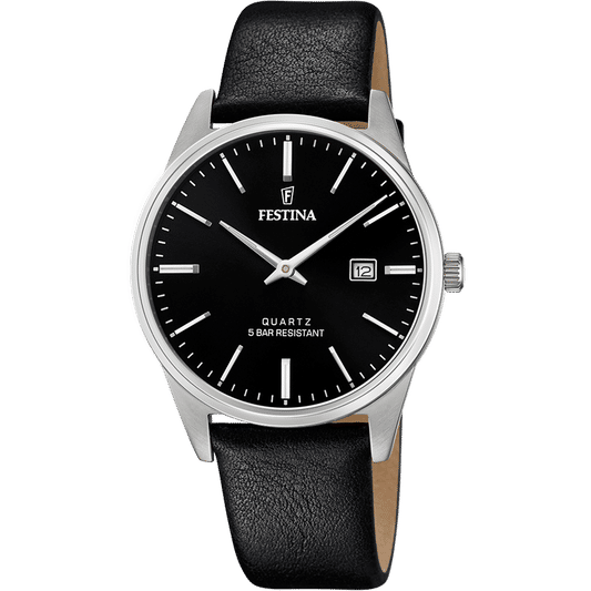 Festina Herrenuhr mit schwarzem Zifferblatt und schwarzem Lederarmband, Analog, Datum