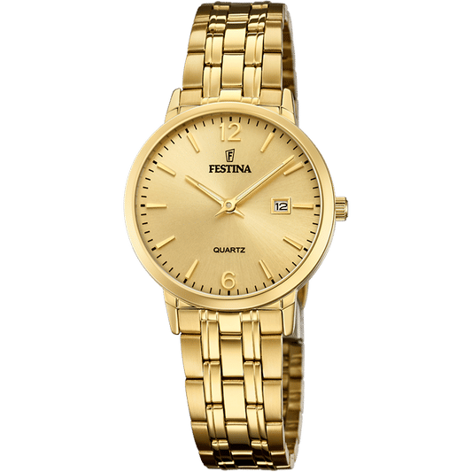 Festina Damenuhr mit goldfarbenem Metallarmband, rundem Zifferblatt und Mineralglas