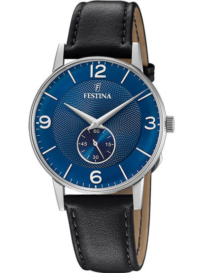 Festina Retro F20566/3 Herrenuhr Blau • Blaues Zifferblatt • Klassisches Lederarmband