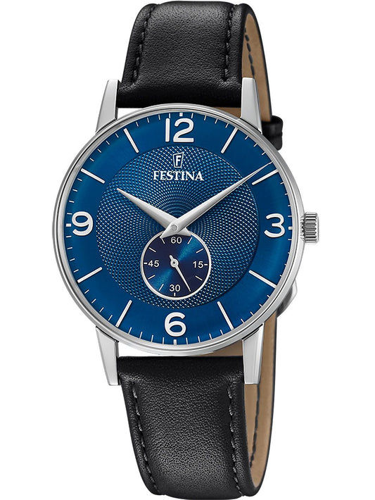 Festina Herrenuhr mit blauem Zifferblatt und schwarzem Lederarmband