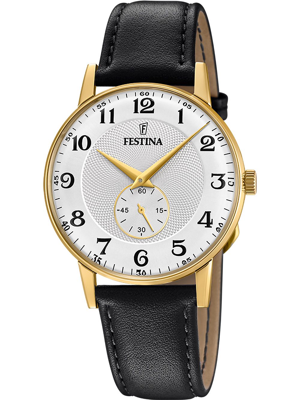 Festina Retro F20567/1 Herrenuhr Goldfarben • Kunststoffglas • Schwarzes Kalbslederarmband