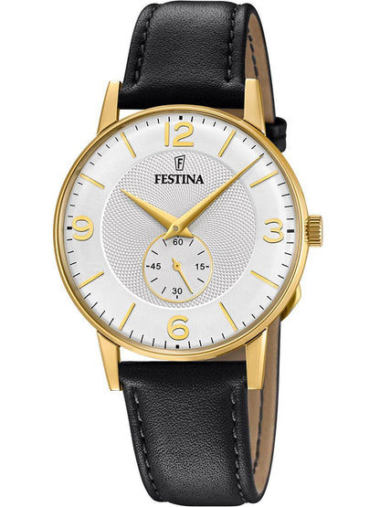 Festina Retro F20567/2 Herrenuhr Goldfarben • Weißes Zifferblatt • Schwarzes Lederarmband
