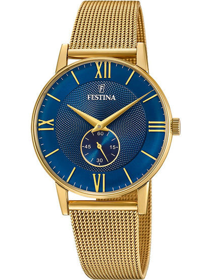 Festina Retro F20569/3 Herrenuhr Gold • Versetzter Sekundenzeiger • Goldenes Edelstahlarmband