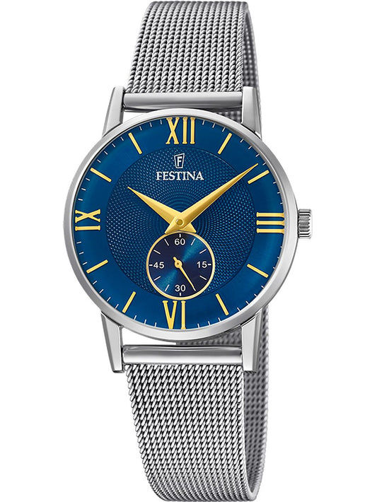 Festina Damenuhr mit blauem Zifferblatt und Milanaise-Edelstahlarmband