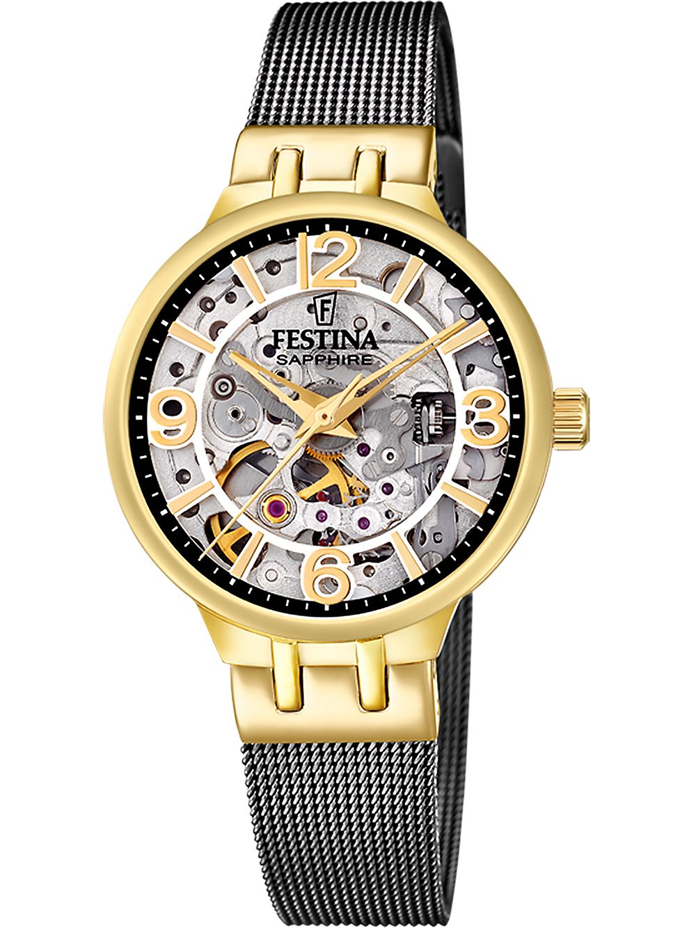 Festina Automatik F20580/2 Damenuhr • Saphirglas • Schwarzes Milanaise-Armband