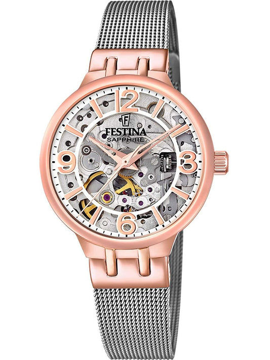 Festina F20581/1 Damenuhr Automatik Silber • Saphirglas • Skeleton-Automatikwerk