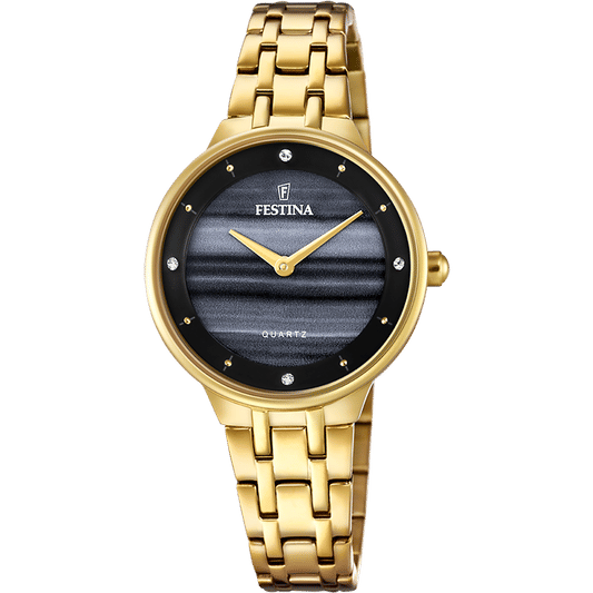 Festina Damenuhr mit goldfarbenem Metallarmband, schwarzem Zifferblatt und silbernen Indexen