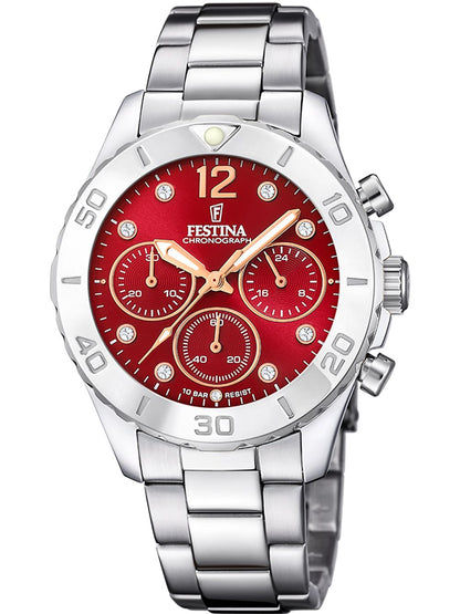 Festina Boyfriend F20603/2 Damenuhr Rot • Quarz-Chronograph • Gehärtetes Mineralglas