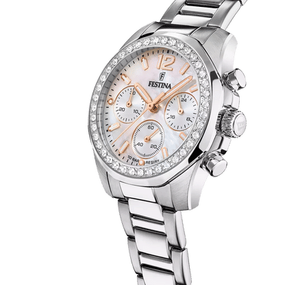 Festina Damenuhr mit Chronographenanzeigen, Kristalllünette und Edelstahlarmband