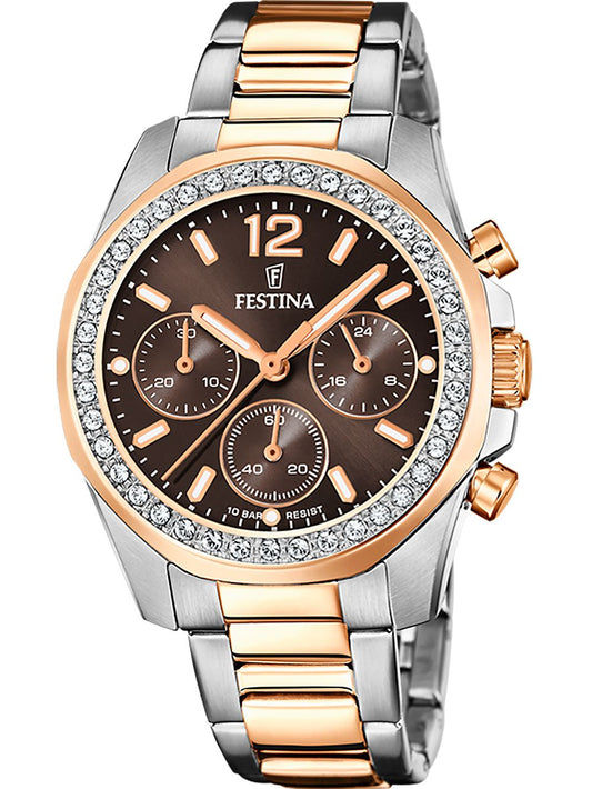 Festina Damenuhr, bicolor Edelstahl, braunes Zifferblatt mit Chronograph und Ziersteinen
