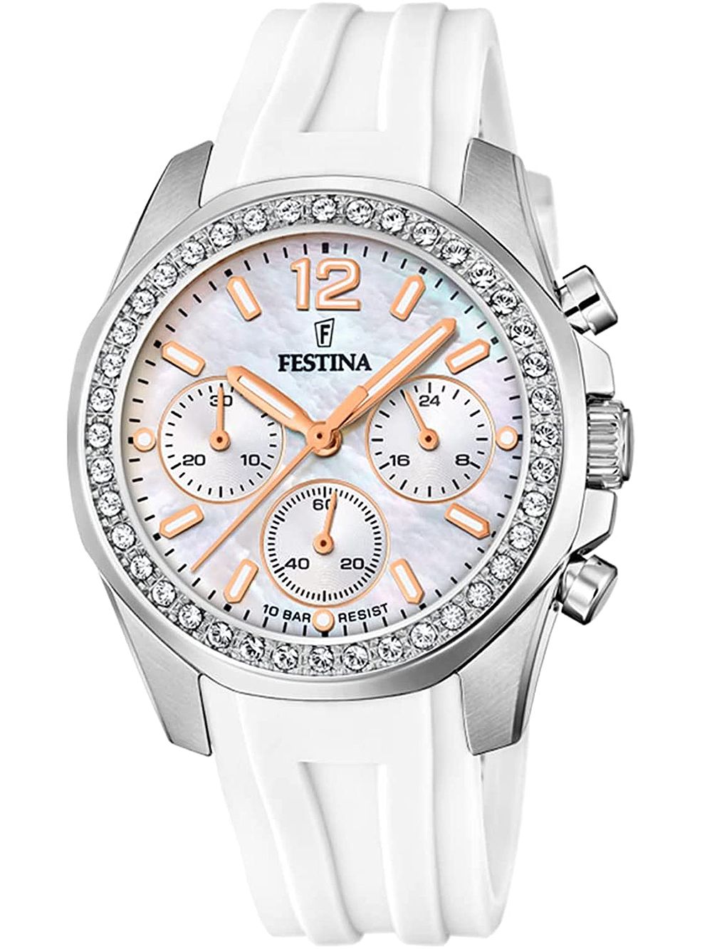 Festina Rainbow F20610/1 Damenuhr Chronograph Weiß • Mineralglas • Strass-Lünette