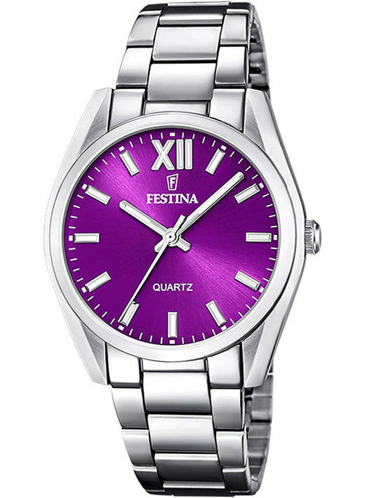Festina Damenuhr mit Metallarmband, lila Zifferblatt und römischen Stundenmarken