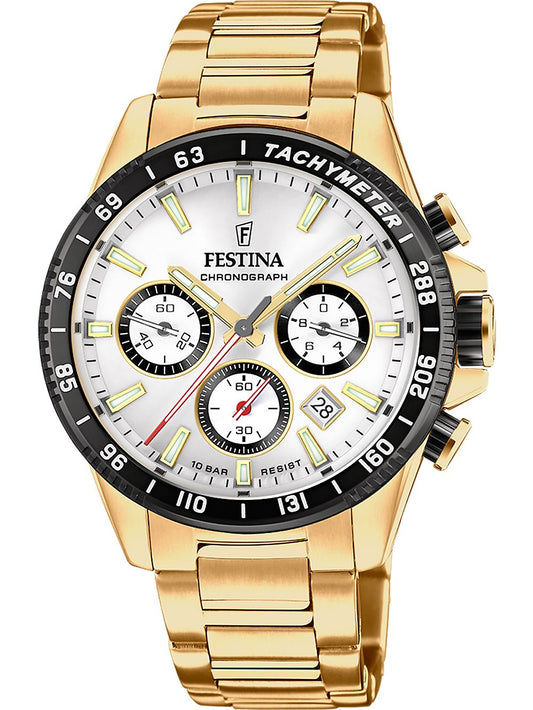 FESTINA Herrenuhr Chronograph mit goldfarbenem Armband, weißem Zifferblatt und schwarzen Hilfsziffern
