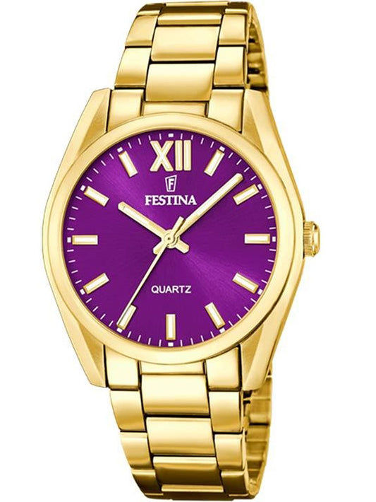 Damenuhr mit goldfarbenem Edelstahlband und violettem Zifferblatt, Quarzwerk