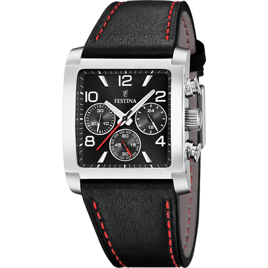 Festina Herrenuhr-Chronograph mit schwarzem Zifferblatt, silbernem Gehäuse und Lederarmband