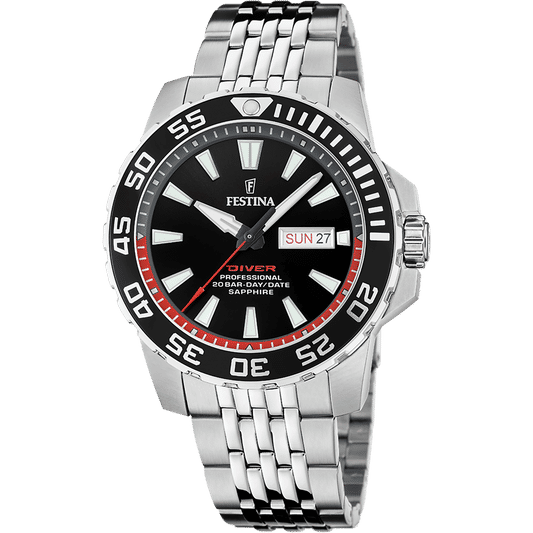 Festina Herrenarmbanduhr mit schwarzem Zifferblatt, Saphirglas und Edelstahlarmband