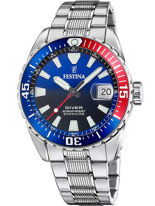 Festina Herrenarmbanduhr mit blauem Saphirglas und Taucher-Lünette, Stahlband