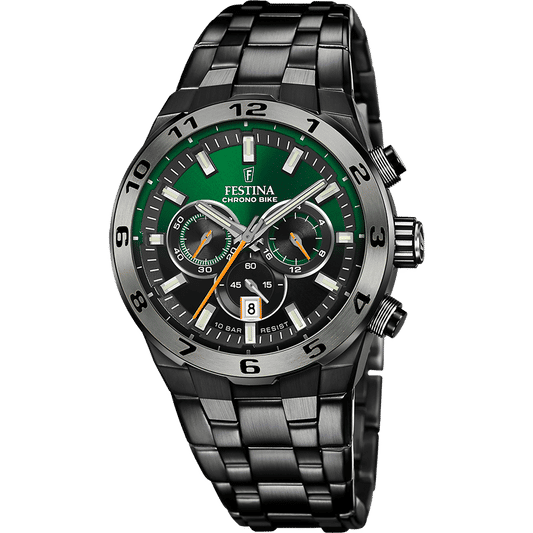 Festina Chrono Bike Herrenchronograph mit schwarzem Stahlband und grünem Zifferblatt, Chronographenanzeigen