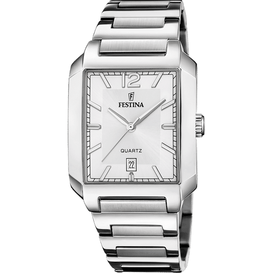 Herrenarmbanduhr von Festina mit silbernem Edelstahlband, analogem Zifferblatt und Datum