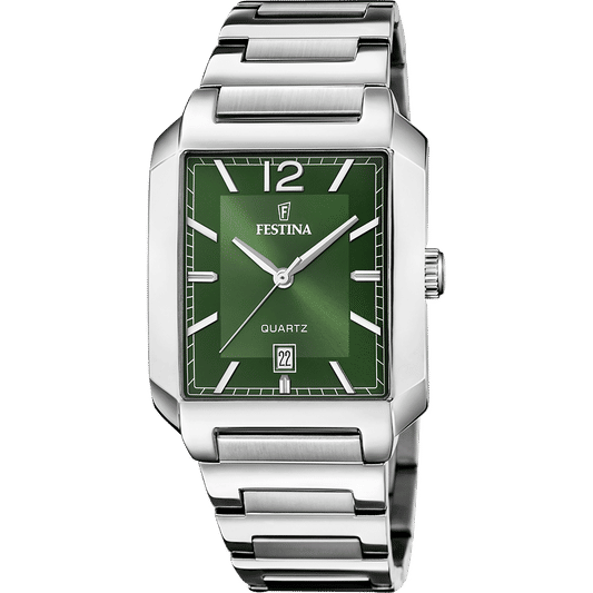 Herrenquarzuhr Festina mit rechteckigem Edelstahlgehäuse, grünem Zifferblatt & Datum