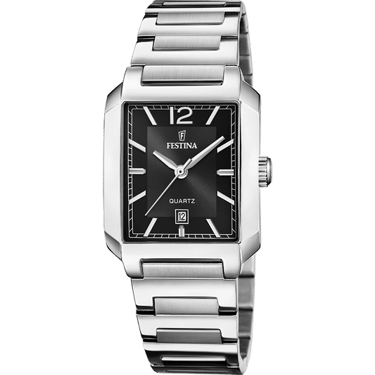 Festina Damenuhr mit quadratischem schwarzem Zifferblatt, silbernem Metallarmband, Quarz
