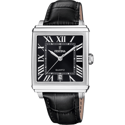 Festina Herrenquarzuhr mit eckigem Edelstahlgehäuse, schwarzem Zifferblatt und Lederband