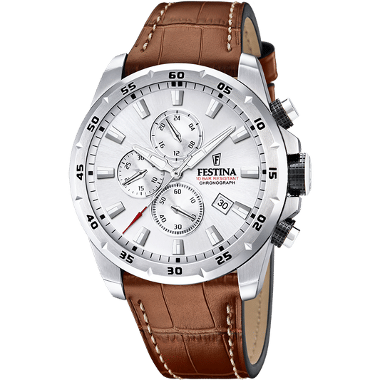 Festina Herrenuhr-Chronograph mit silbernem Zifferblatt, braunem Lederband, Datum