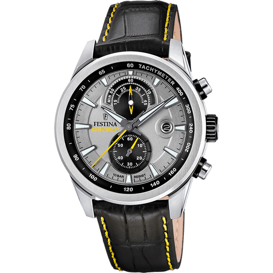 Herren-Chronograph mit schwarzem Lederarmband, silbernem Gehäuse und schwarzem Zifferblatt