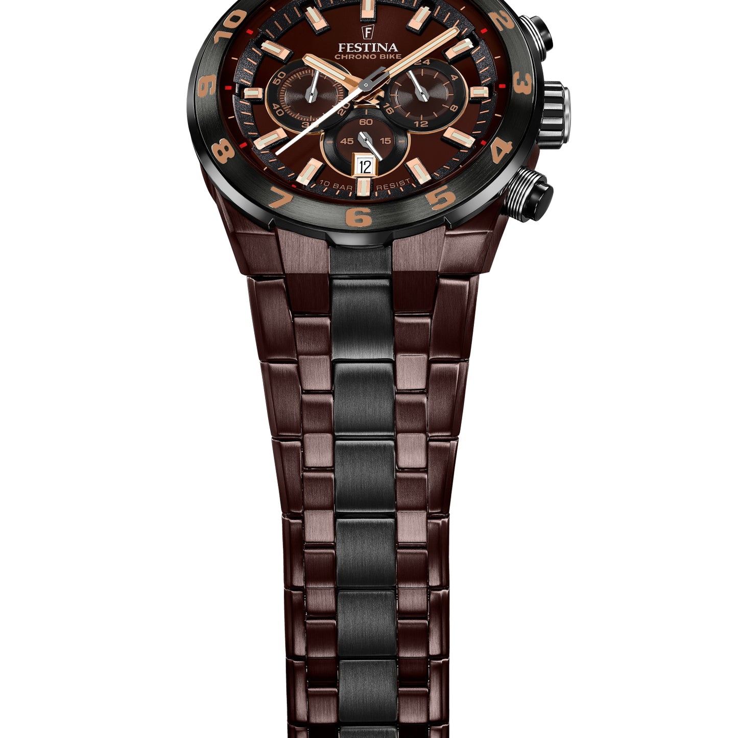 Męski zegarek Festina Chronograph z brązową tarczą, przyciskami chronografu i dwukolorową bransoletą