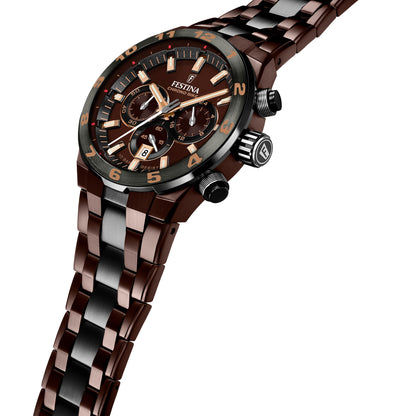 Męski zegarek Festina Chronograph z brązową tarczą, przyciskami i bransoletą ze stali szlachetnej