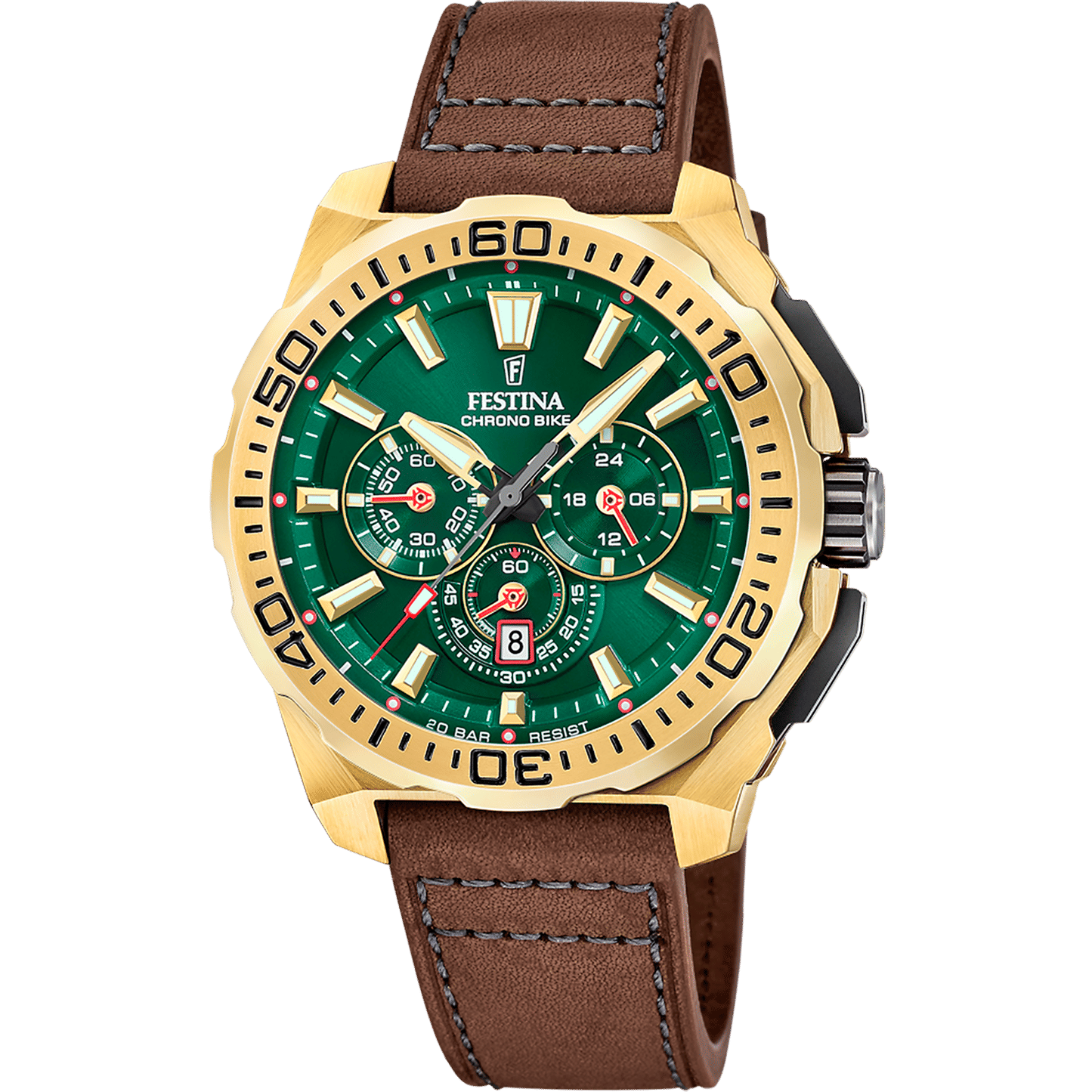 Festina Chrono Bike F20728/2 Herrenuhr • Quarz-Chronograph • Grünes Lederarmband