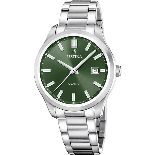 Festina Herrenuhr mit rundem Edelstahlgehäuse, Metallarmband und grünem Zifferblatt