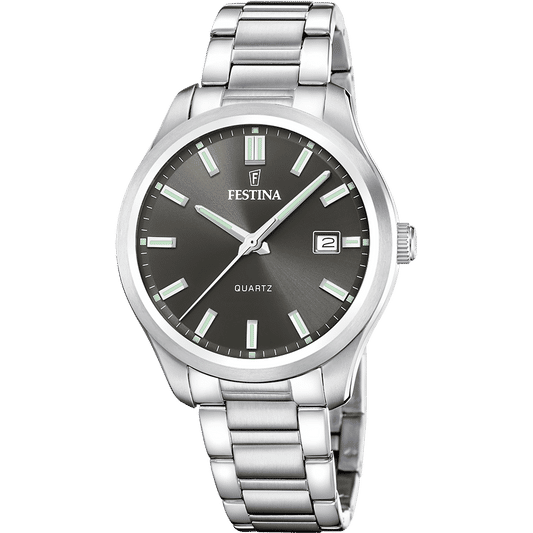 Festina Herrenuhr: silberfarbenes Edelstahlband, dunkles Zifferblatt mit grünen Markierungen, Datum