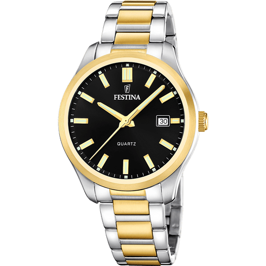 Festina Herrenuhr mit schwarzem Zifferblatt, gold-silberfarbenem Band und Datumsanzeige