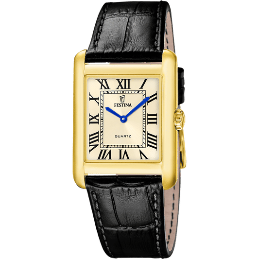 Festina Herrenarmbanduhr: goldfarbenes Gehäuse, schwarzes Lederband, weißes Zifferblatt