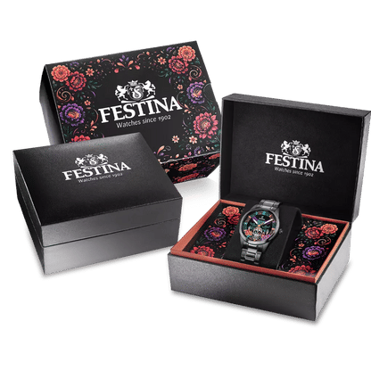Festina Herrenuhr in Geschenkbox, Sonderedition Día de Muertos, mit floralem Motiv