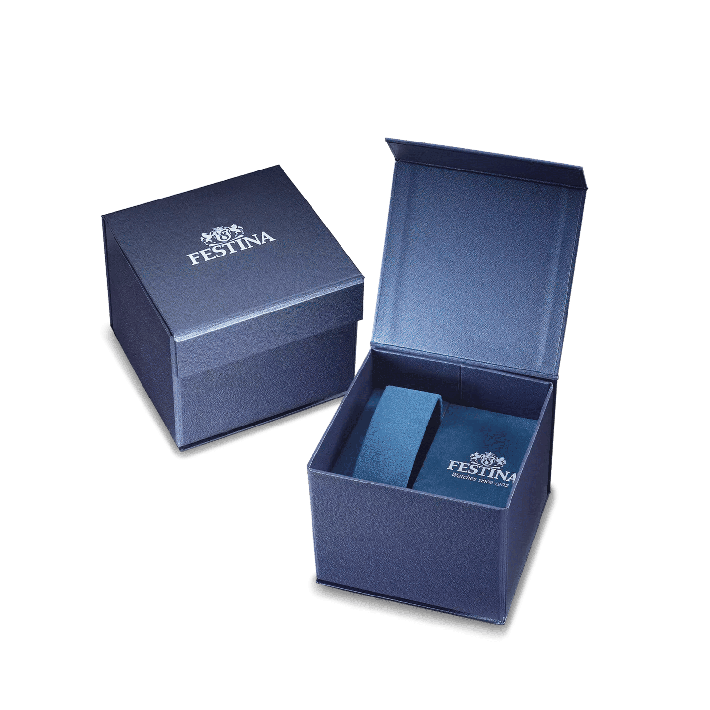 Scatola per gioielli Festina con coperchio aperto e inserto, fodera interna blu
