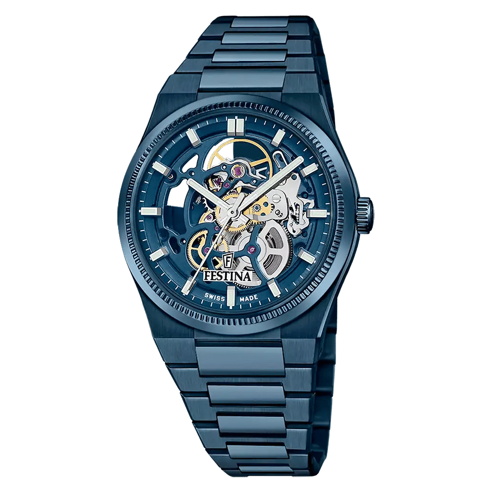 Festina Swiss Made Rivé Sq F20071/1 Herr Automatikur Blå • Safirglas • Synligt Automatiskt Urverk