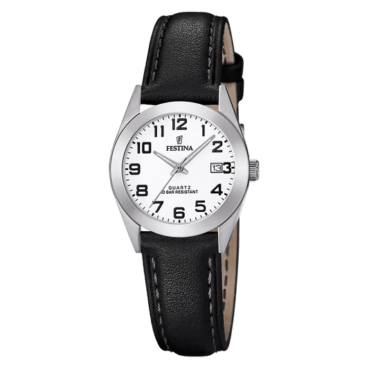 Festina Damenuhr mit schwarzem Echtlederarmband, silbernem Gehäuse und weißem Zifferblatt