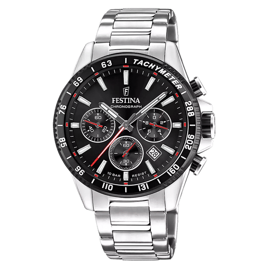 Festina Chronograph Herrenuhr mit schwarzem Zifferblatt, Metallarmband und Datumsanzeige