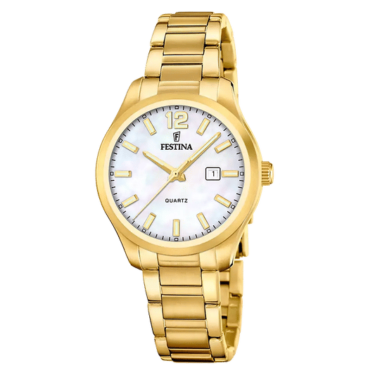 Festina Damenuhr mit goldfarbenem Metallband und weißem Perlmuttzifferblatt