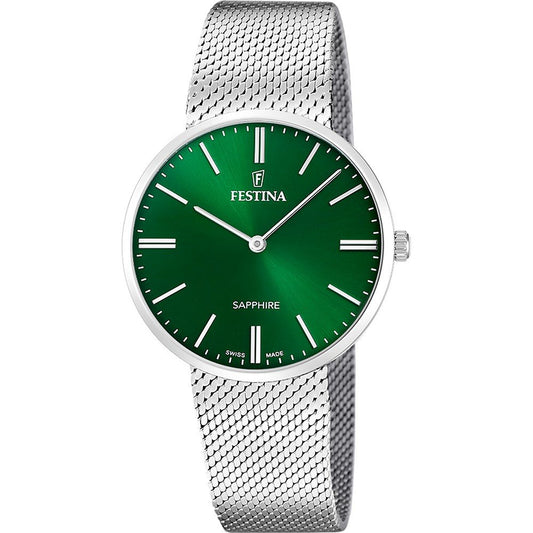 Herrenuhr mit grünem Zifferblatt, Saphirglas und silbernem Mesh-Armband