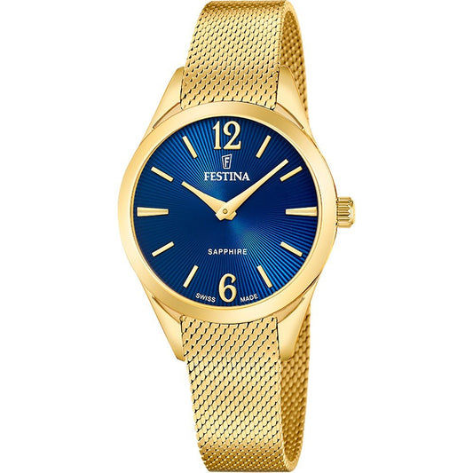 Festina Damenuhr: goldfarbenes Meshband, blaues Zifferblatt, Saphireglas