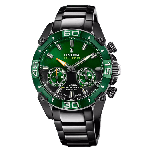 Festina Connected Herrenuhr mit grünem Zifferblatt und Stahlarmband, markantem 3-Zeiger-Design