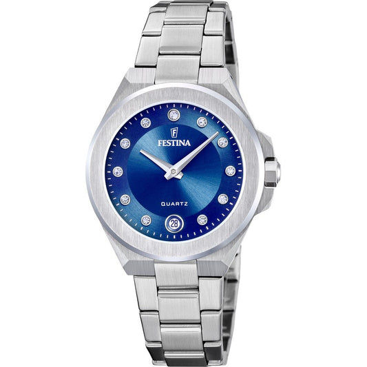 Festina Damenarmbanduhr mit blauem Zifferblatt, Edelstahlband und Mineralglas